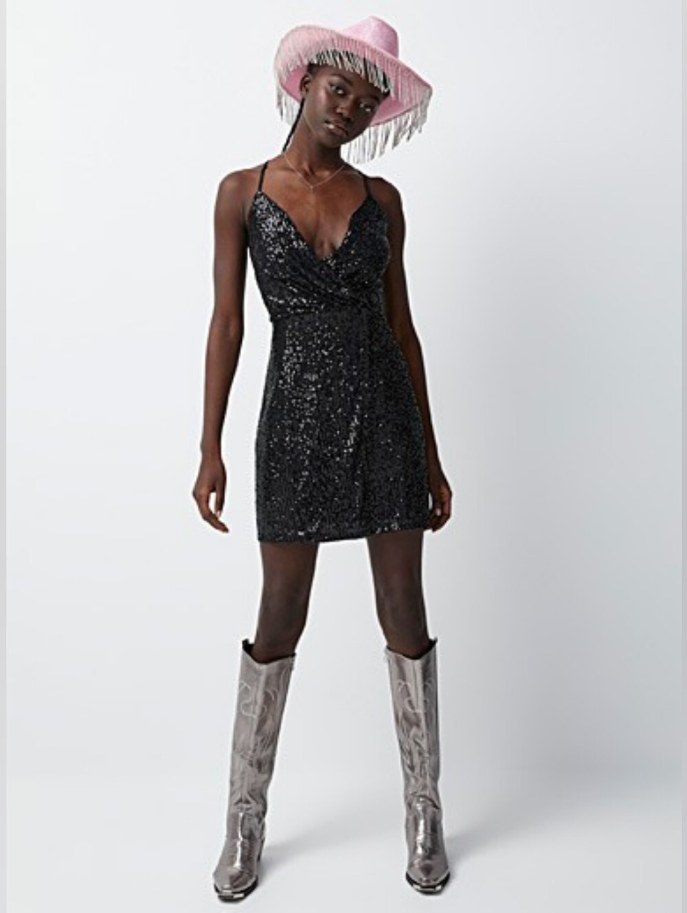 Minuet Petite Black Sequin Wrap Mini Dress